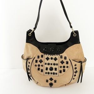 Tre Vero black & beige leather opaque beaded HANDBAG shoulder purse bag